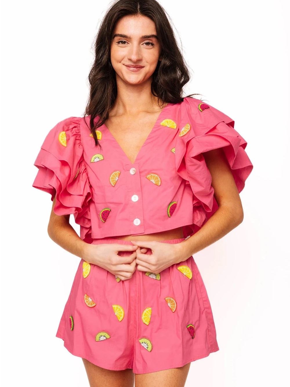QUEEN OF SPARKLES Pink Ruffle-Sleeve Crop Top with Citrus Embroidery Short Set